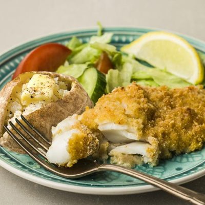 Crumbed-Soles-with--Baked-Potato-&-Green-Salad